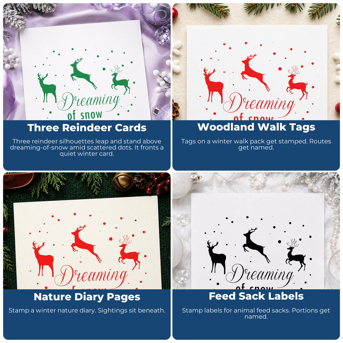 Four ways to use the Snow Dreams With Reindeer Stamp – Duo Hand: three reindeer cards, woodland walk tags, nature diary pages and feed sack labels.