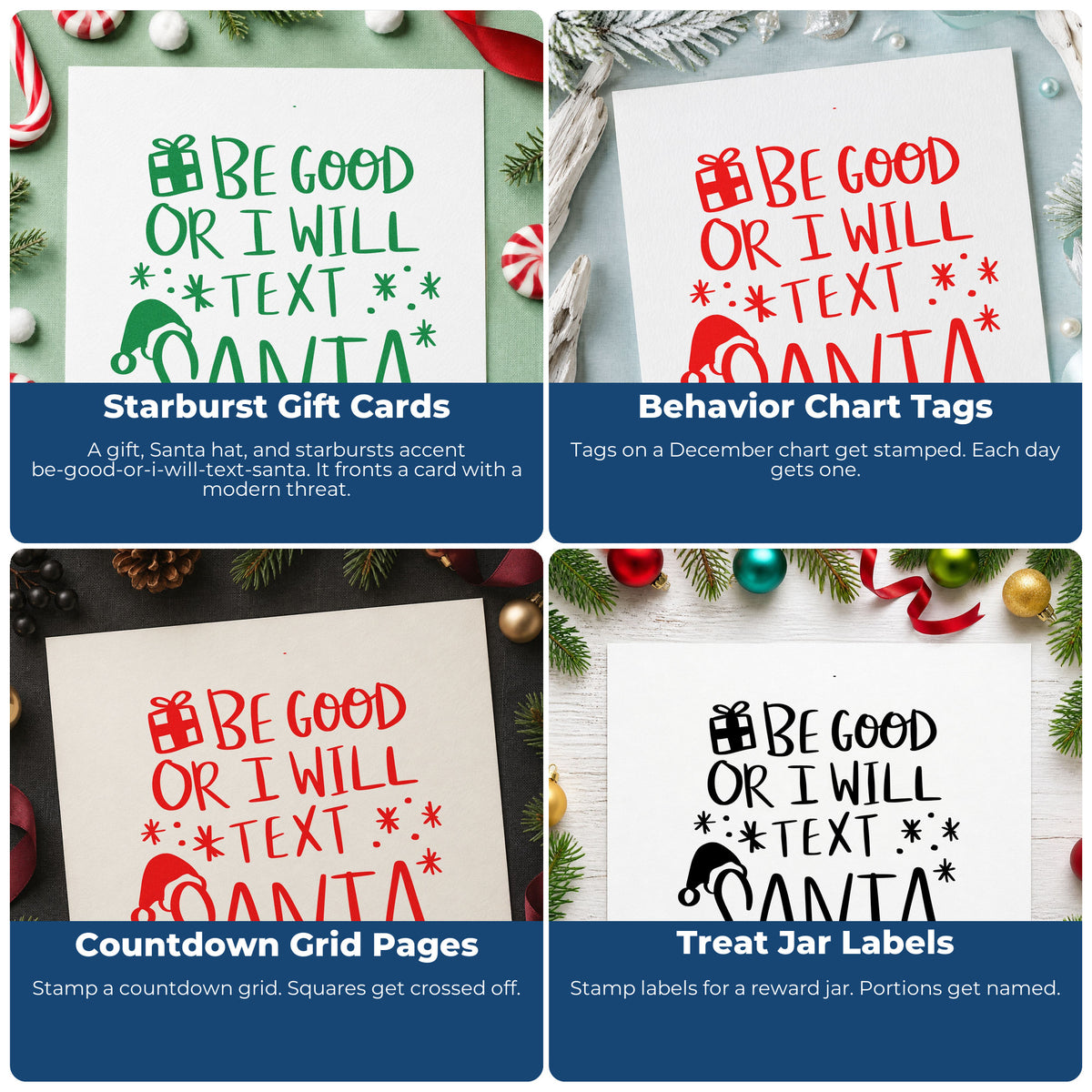 Christmas rubber stamp ideas for DIY wrapping paper, holiday cards, advent calendars, and ornaments.