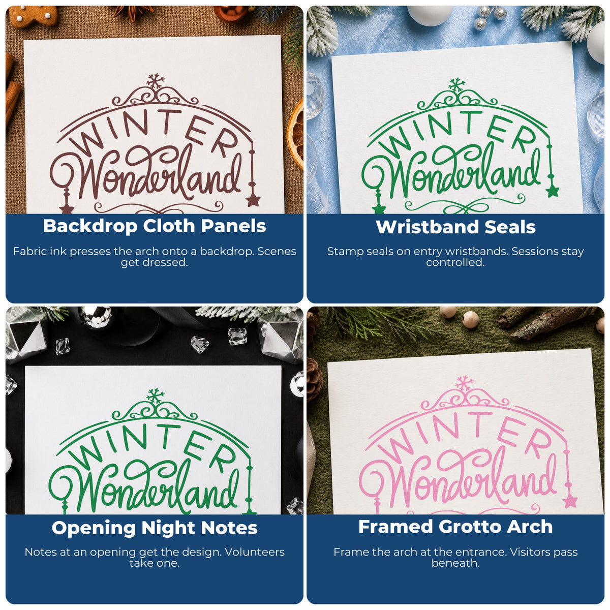 Four ways to use the Winter Wonderland Ornate Arch Premium Wood-Mounted Stamp - Vintage Pro: backdrop cloth panels, wristband seals, opening night notes and framed grotto arch.