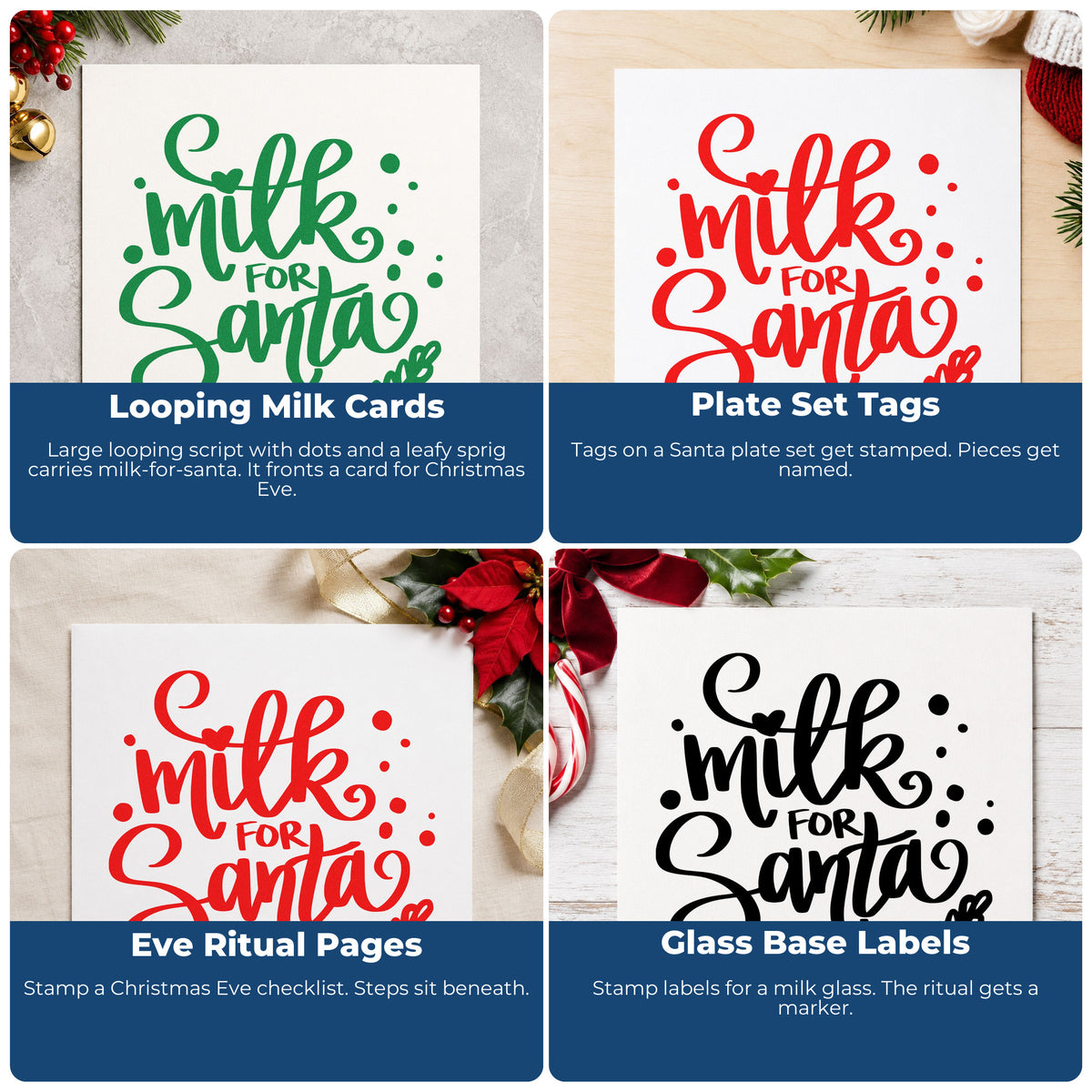 Four ways to use the Milk For Santa Botanical Sprig Rubber Stamp – Wood Handle: looping milk cards, plate set tags, eve ritual pages and glass base labels.