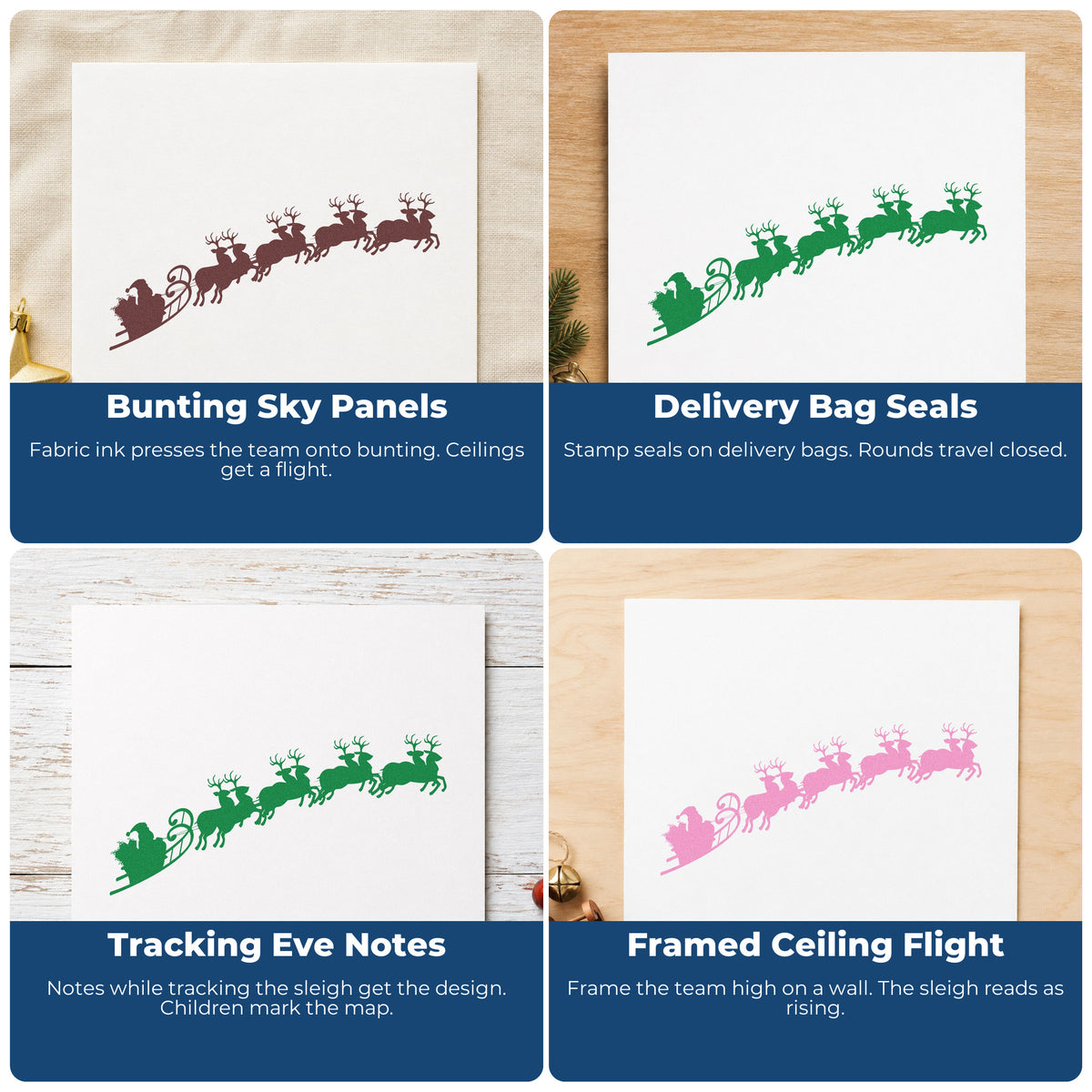 Four ways to use the Reindeer And Santa Sleigh Scene PSI Pre-Inked Stamp: bunting sky panels, delivery bag seals, tracking eve notes and framed ceiling flight.