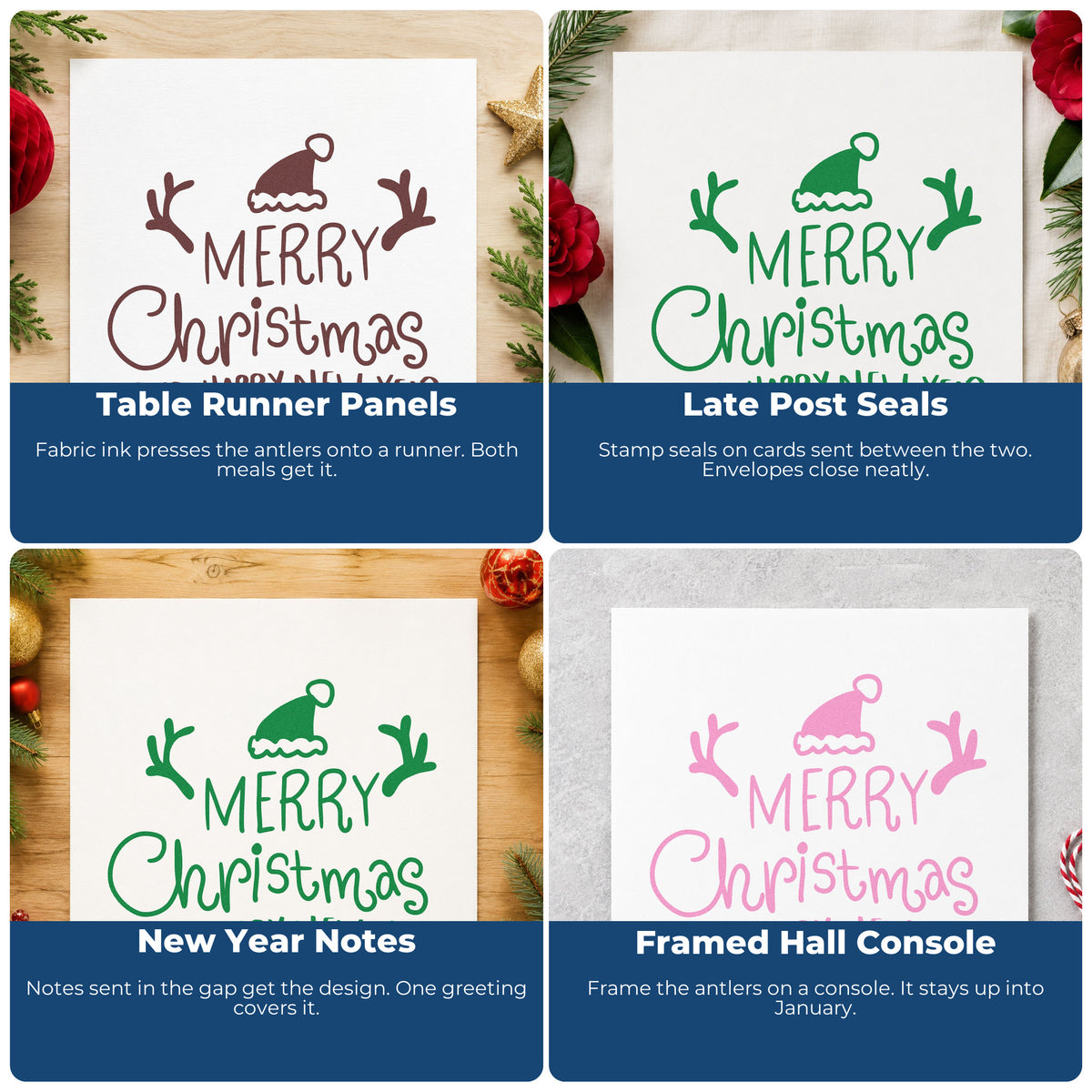 Four ways to use the Merry Christmas Happy New Year Stamp – Self-Inking: table runner panels, late post seals, new year notes and framed hall console.