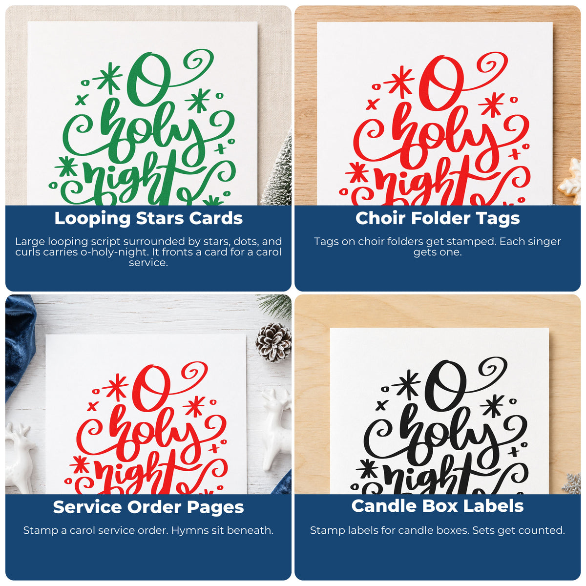 Four ways to use the O Holy Night Hand Stamp – Duo: looping stars cards, choir folder tags, service order pages and candle box labels.