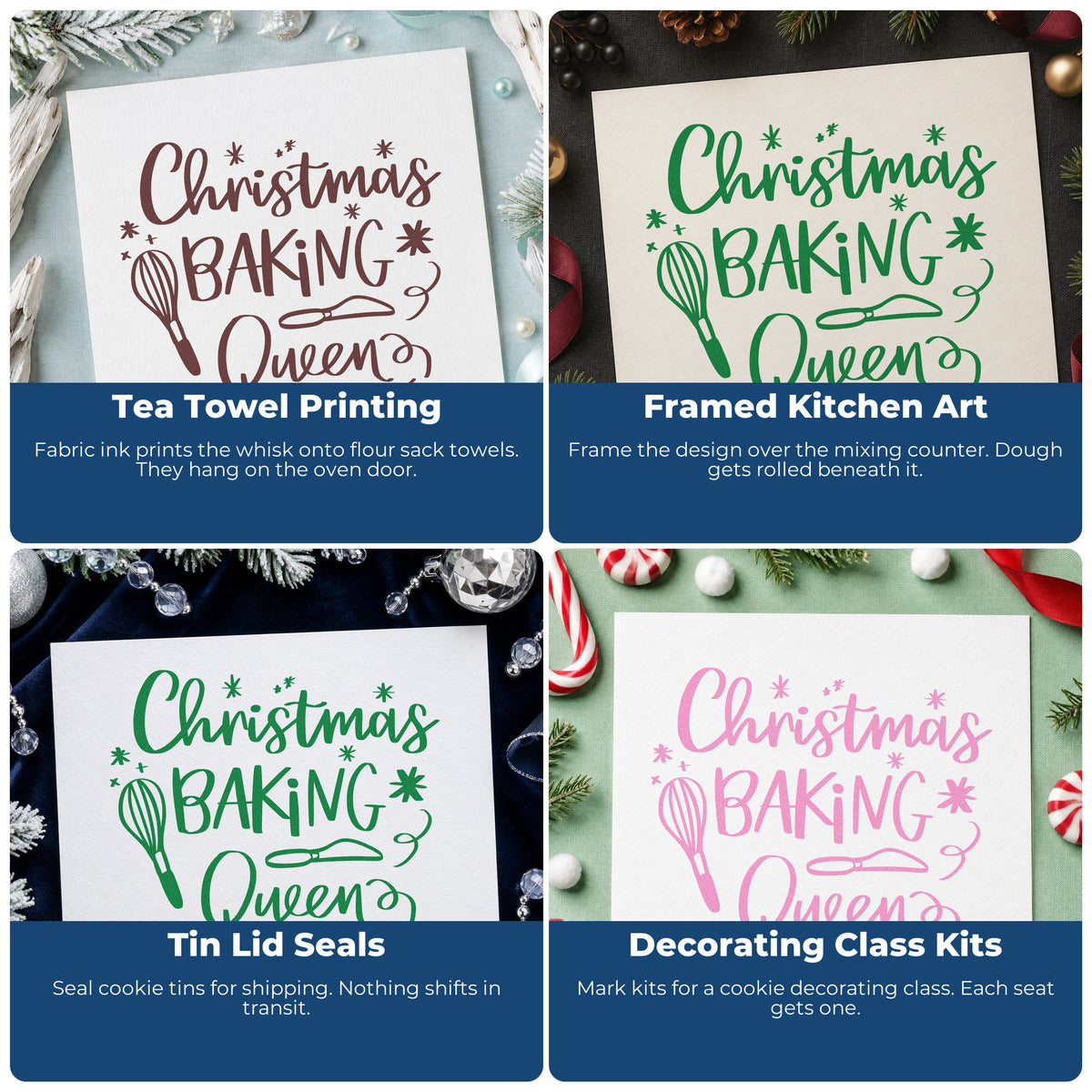 Four ways to use the Christmas Baking Queen Whisk And Server Rubber Stamp – Wood Handle: tea towel printing, framed kitchen art, tin lid seals and decorating class kits.