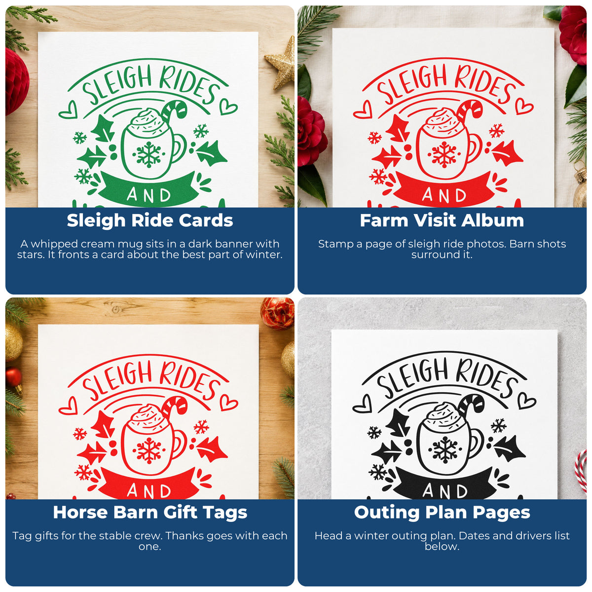 Four ways to use the Sleigh Rides And Hot Cocoa Snowflakes PSI Pre-Inked Stamp: sleigh ride cards, farm visit album, horse barn gift tags and outing plan pages.