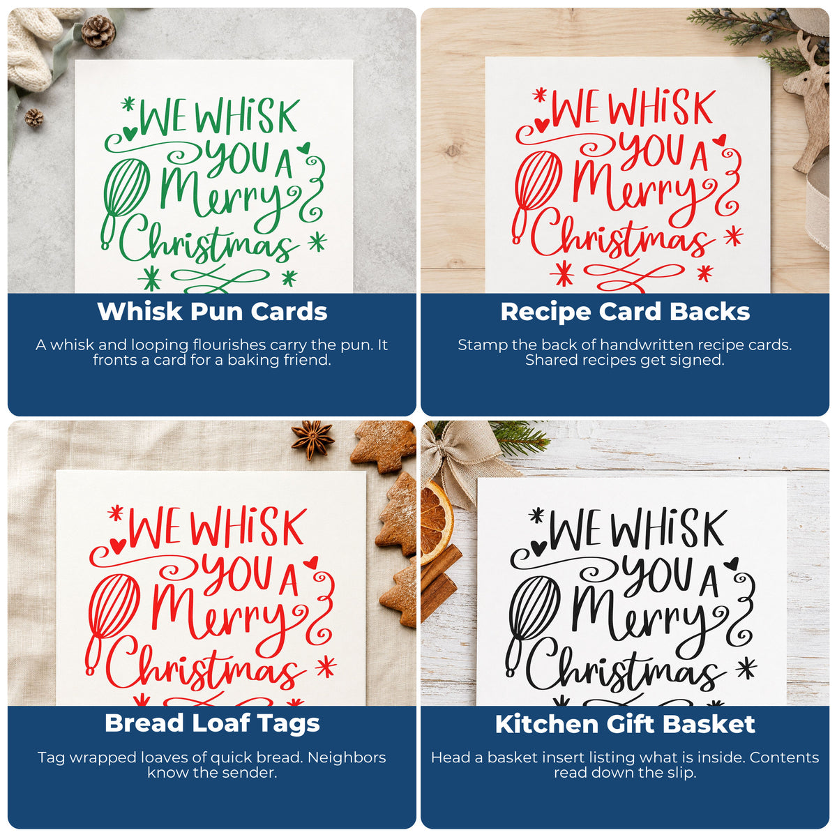 Christmas rubber stamps used for wrapping paper, holiday cards, advent calendars, and ornaments.
