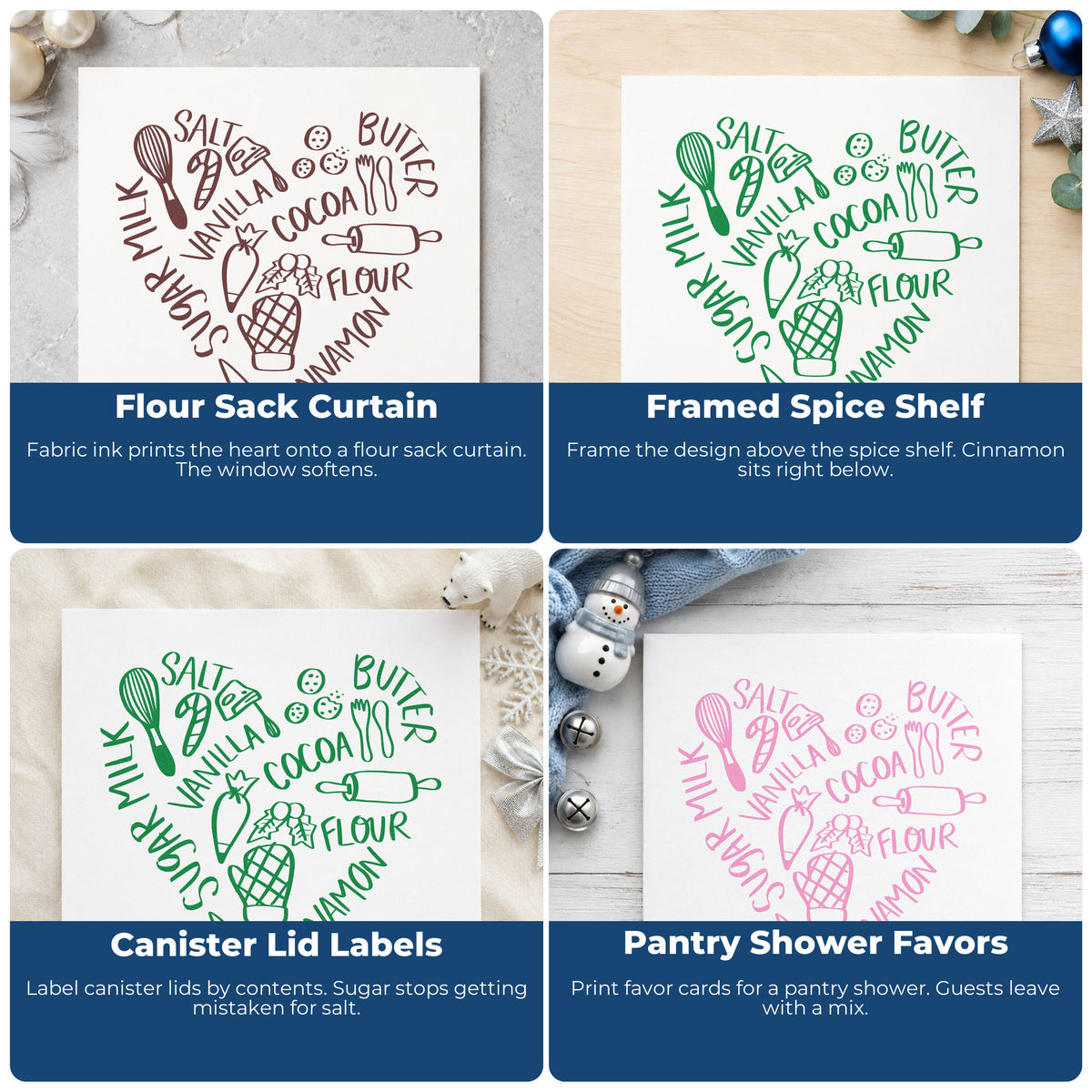 Four ways to use the Baking Ingredients Heart Hot Cocoa Stamp - Premium Vintage Pro Wooden: flour sack curtain, framed spice shelf, canister lid labels and pantry shower favors.