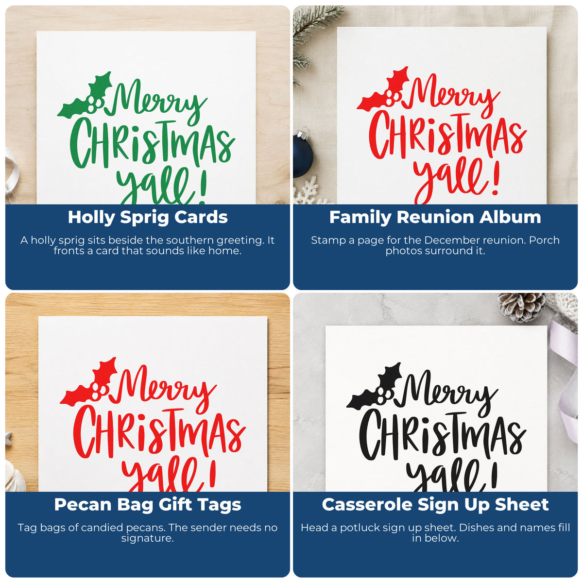 Four ways to use the Holly Merry Christmas Yall Lettering Wood Handle Stamp: holly sprig cards, family reunion album, pecan bag gift tags and casserole sign up sheet.