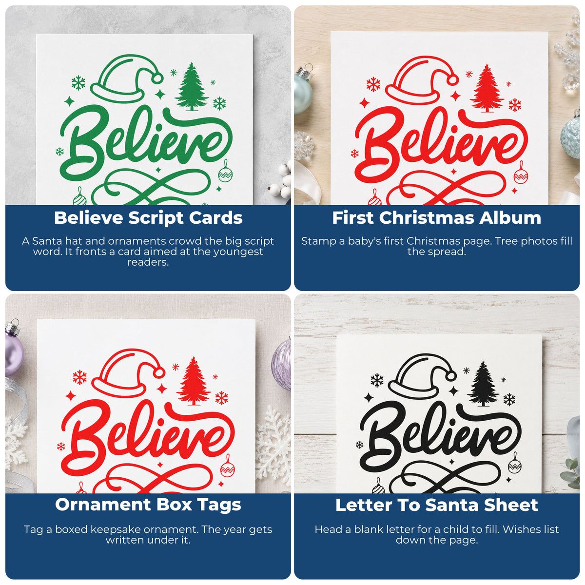 Christmas rubber stamp ideas for wrapping paper, greeting cards, advent calendars, and ornaments.