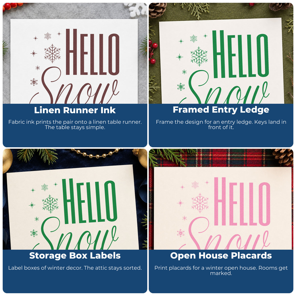 Holiday rubber stamp designs for envelopes, cookie labels, scrapbooks, and DIY candles with festive Christmas lettering.
