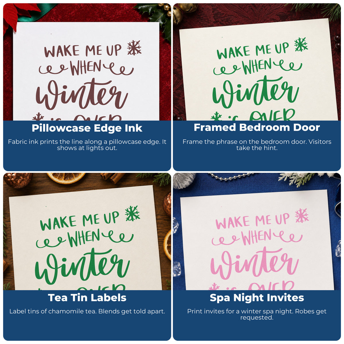 Four ways to use the Duo Hand Wake Me Up When Winter Is Over Rubber Stamp: pillowcase edge ink, framed bedroom door, tea tin labels and spa night invites.