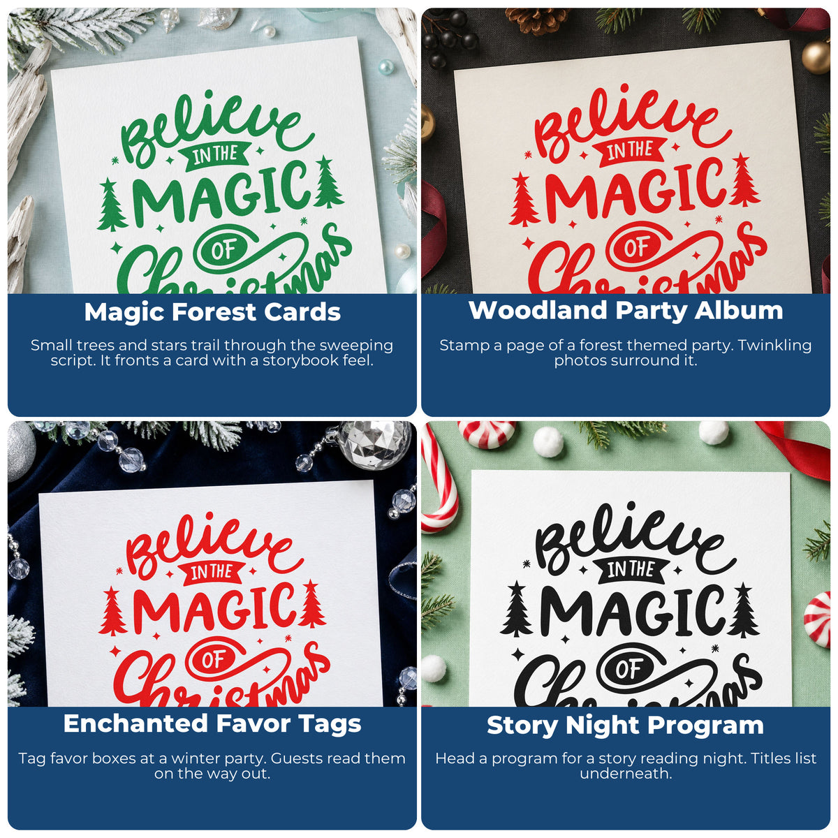 Four ways to use the Believe Magic Of Christmas Stamp - Premium Vintage Pro Wooden: magic forest cards, woodland party album, enchanted favor tags and story night program.
