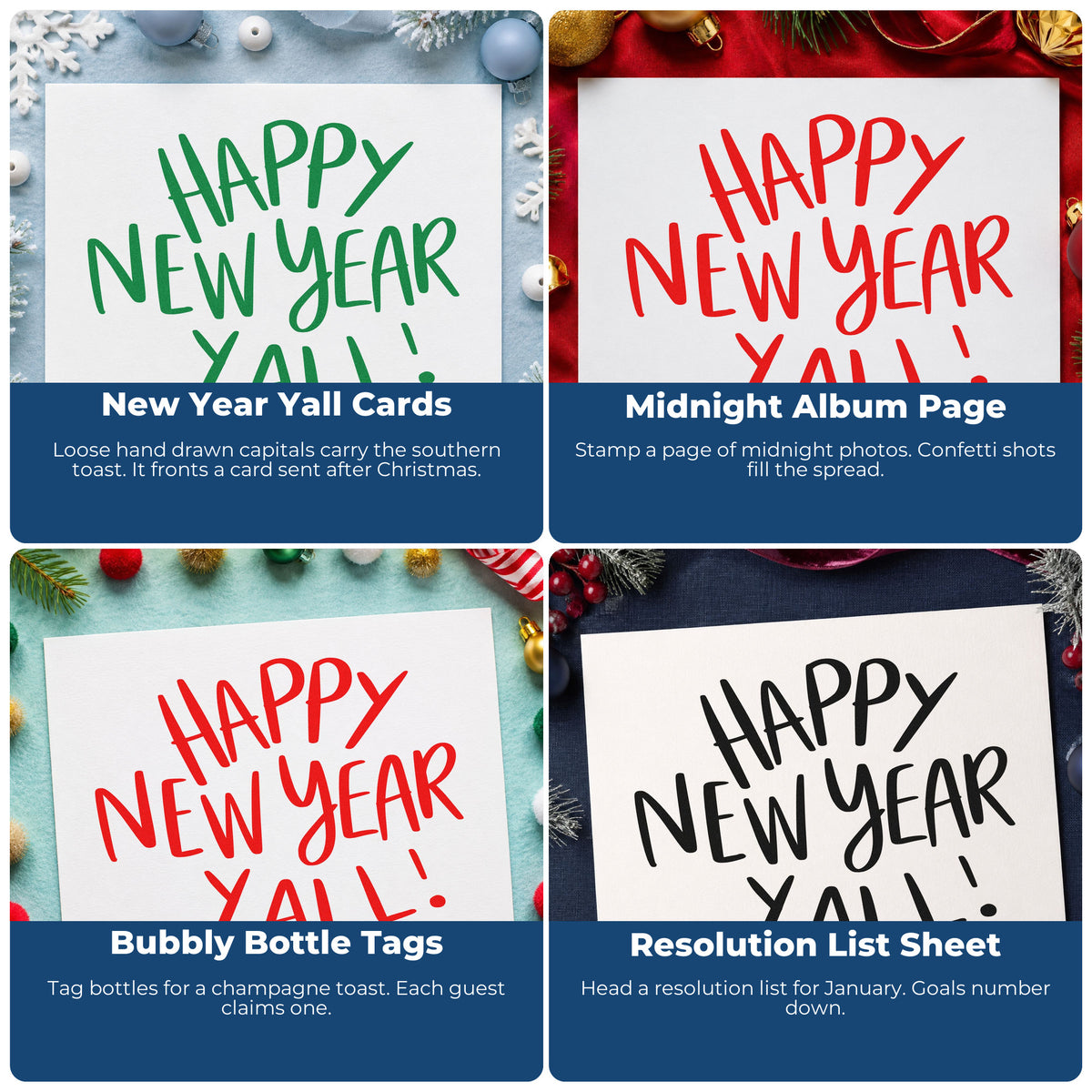 Four ways to use the PSI Pre-Inked Happy New Year Yall Block Lettering Stamp: new year yall cards, midnight album page, bubbly bottle tags and resolution list sheet.