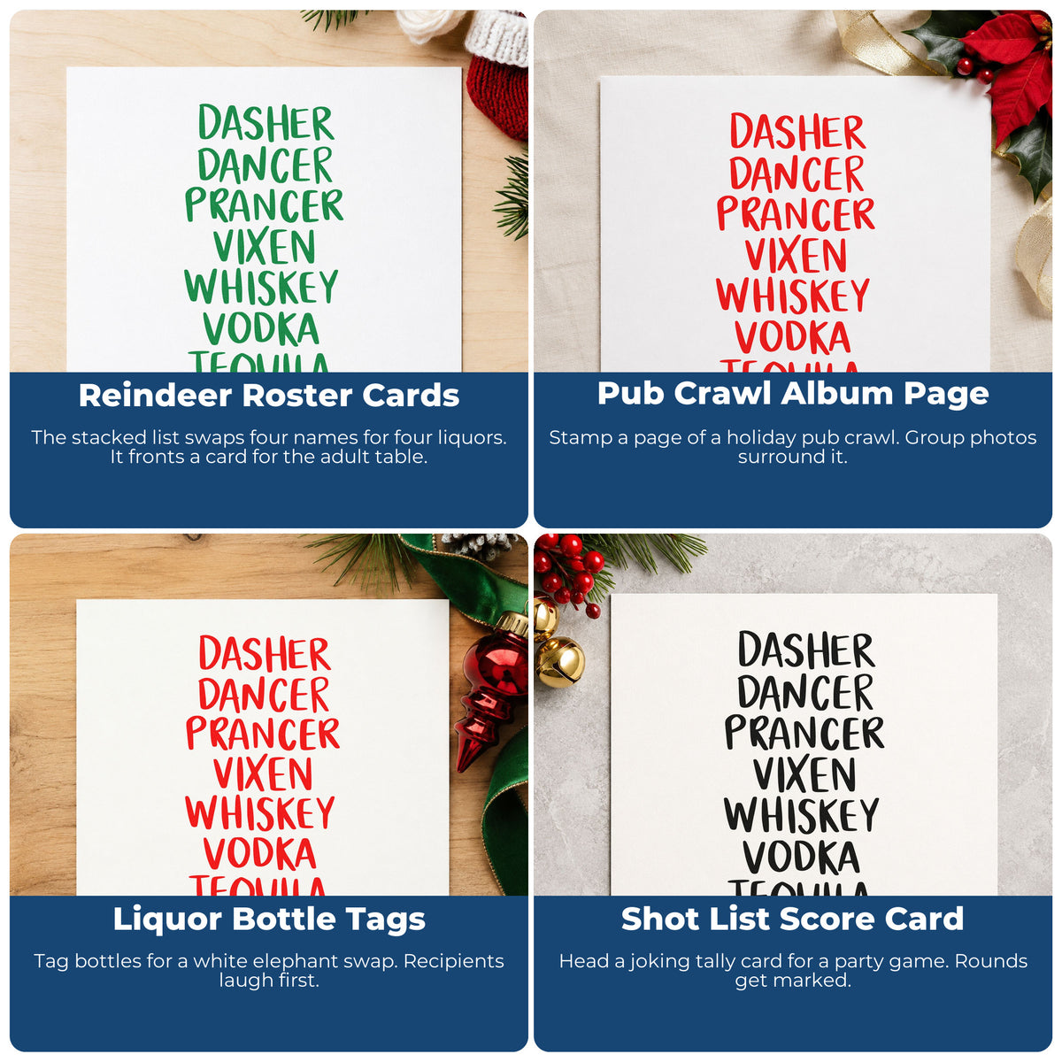 Four ways to use the Duo Hand Reindeer And Spirits List Rubber Stamp: reindeer roster cards, pub crawl album page, liquor bottle tags and shot list score card.