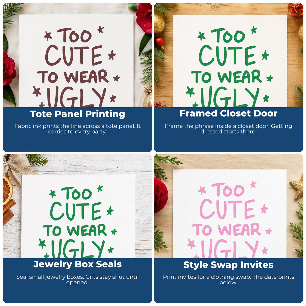 Four ways to use the Wood Handle Too Cute Ugly Sweaters Rubber Stamp: tote panel printing, framed closet door, jewelry box seals and style swap invites.