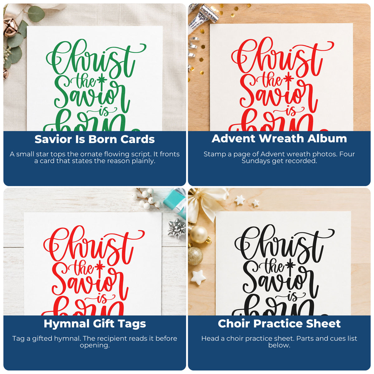 Four ways to use the Christ The Savior Is Born Pre-Inked Stamp – PSI: savior is born cards, advent wreath album, hymnal gift tags and choir practice sheet.