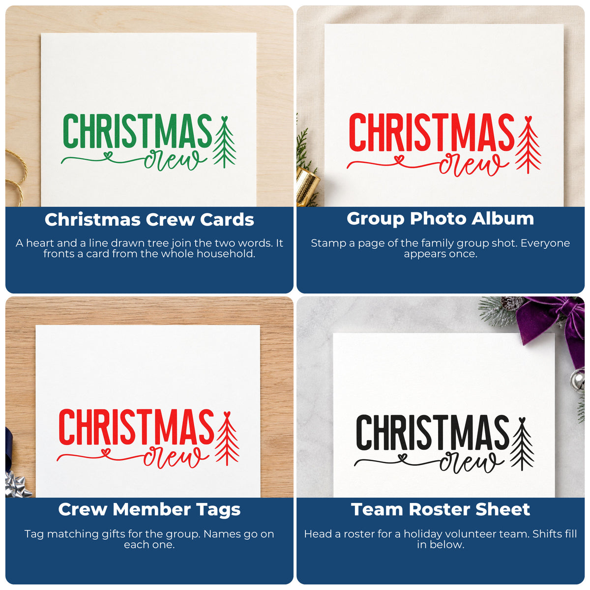 Four ways to use the Christmas Crew With Tree And Heart PSI Pre-Inked Stamp: christmas crew cards, group photo album, crew member tags and team roster sheet.