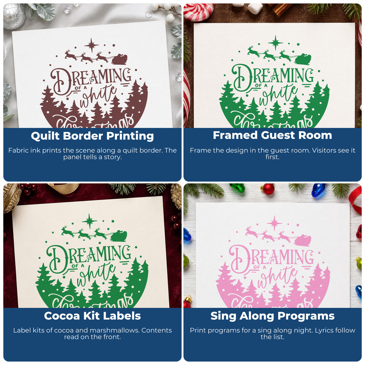 Four ways to use the Dreaming White Christmas Landscape Reindeer PSI Pre-Inked Stamp: quilt border printing, framed guest room, cocoa kit labels and sing along programs.