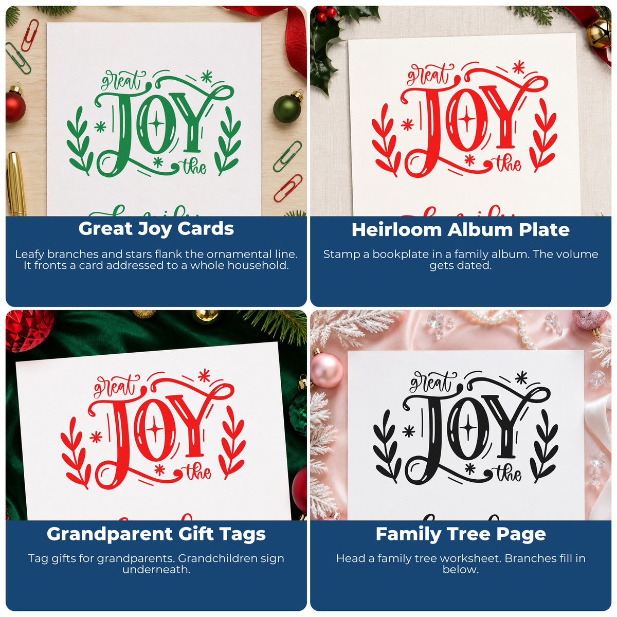 Four ways to use the Slim Pre-Inked Great Joy To The Family Stamp: great joy cards, heirloom album plate, grandparent gift tags and family tree page.