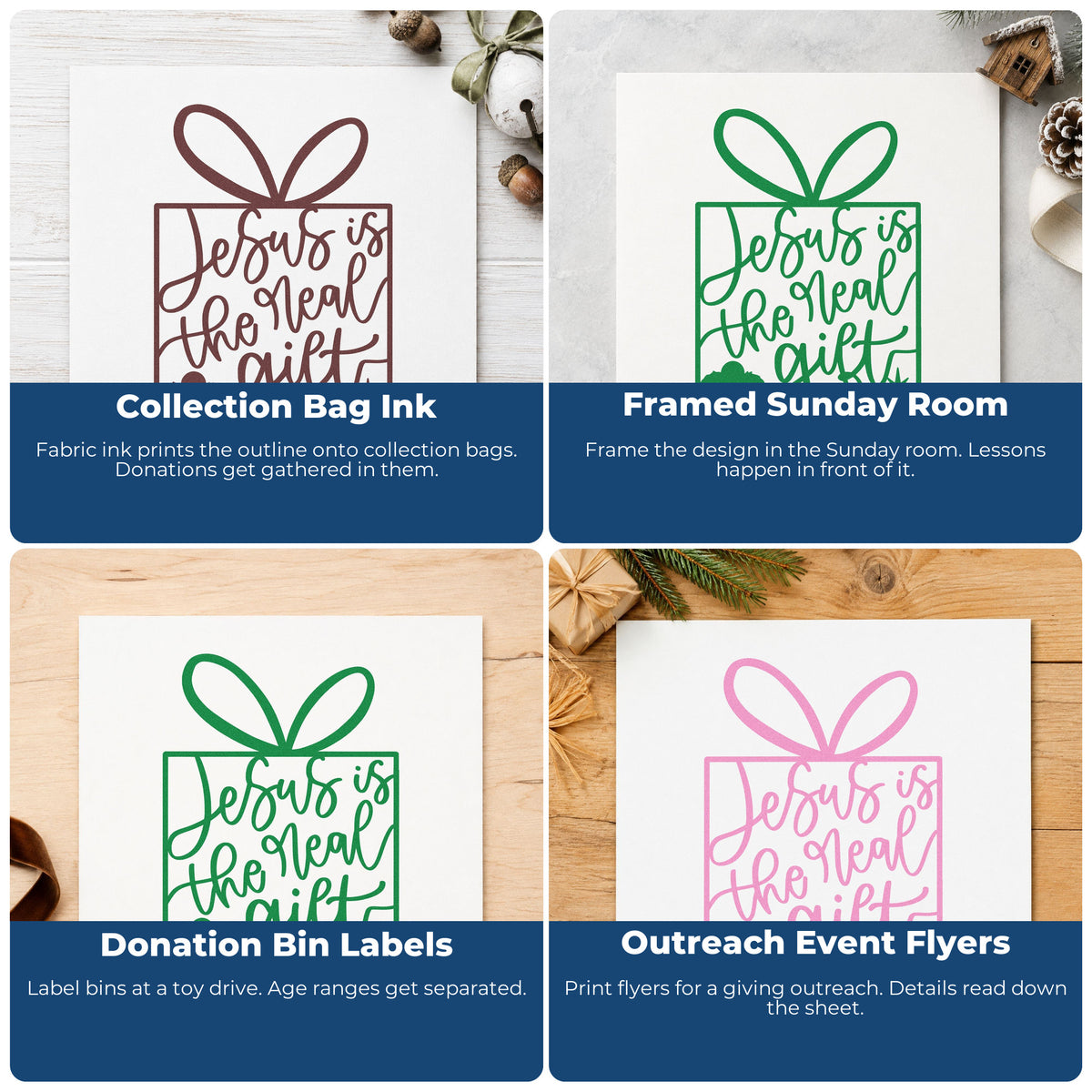 Four ways to use the Jesus Is The Real Gift Wood Handle Stamp: collection bag ink, framed sunday room, donation bin labels and outreach event flyers.