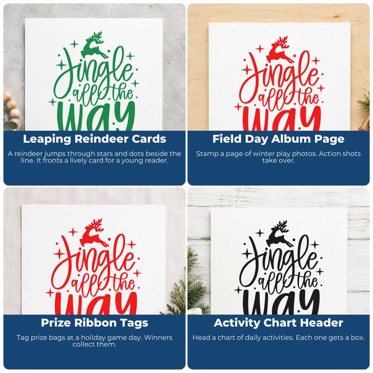 Christmas rubber stamp ideas for wrapping paper, greeting cards, advent calendars, and ornaments with festive holiday sayings.