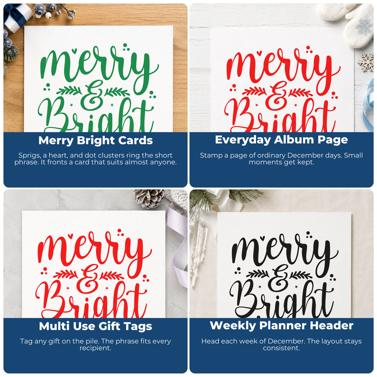 Four ways to use the Merry & Bright Botanical Sprig Stamp – Self-Inking: merry bright cards, everyday album page, multi use gift tags and weekly planner header.