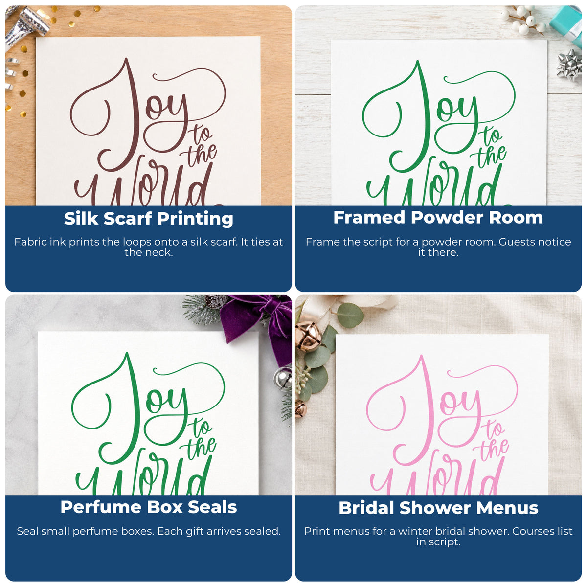 Four ways to use the Self-Inking Joy To The World Thin Script Stamp: silk scarf printing, framed powder room, perfume box seals and bridal shower menus.