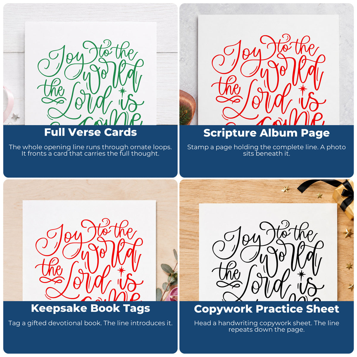 Christmas rubber stamp ideas for wrapping paper, holiday cards, advent calendars, and ornaments with festive seasonal sayings.