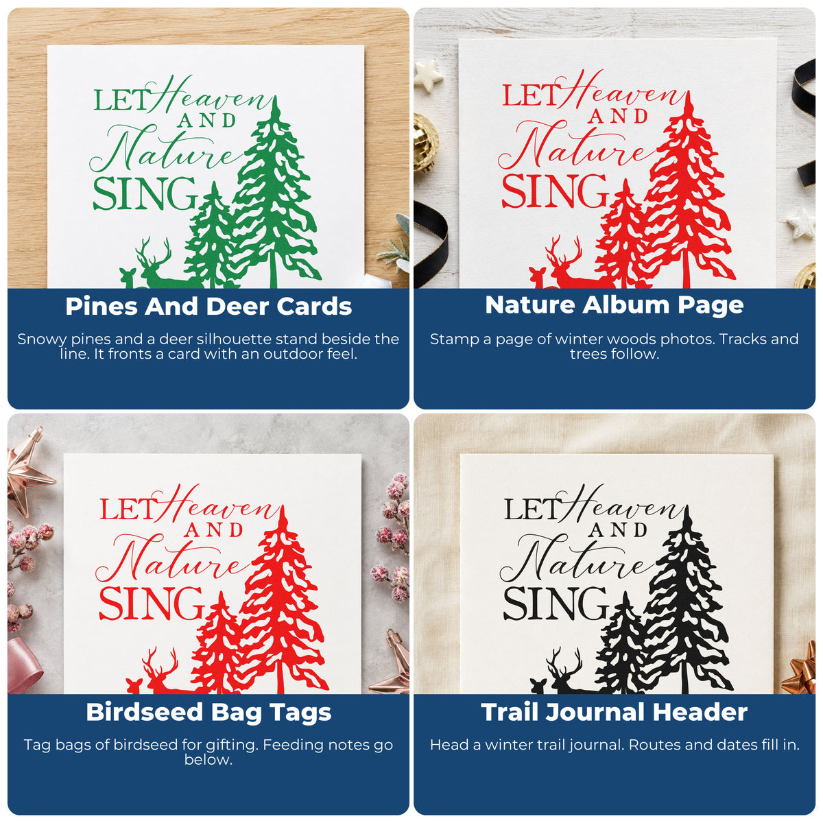 Four ways to use the Heaven Nature Sing Deer Premium Wood-Mounted Stamp - Vintage Pro: pines and deer cards, nature album page, birdseed bag tags and trail journal header.