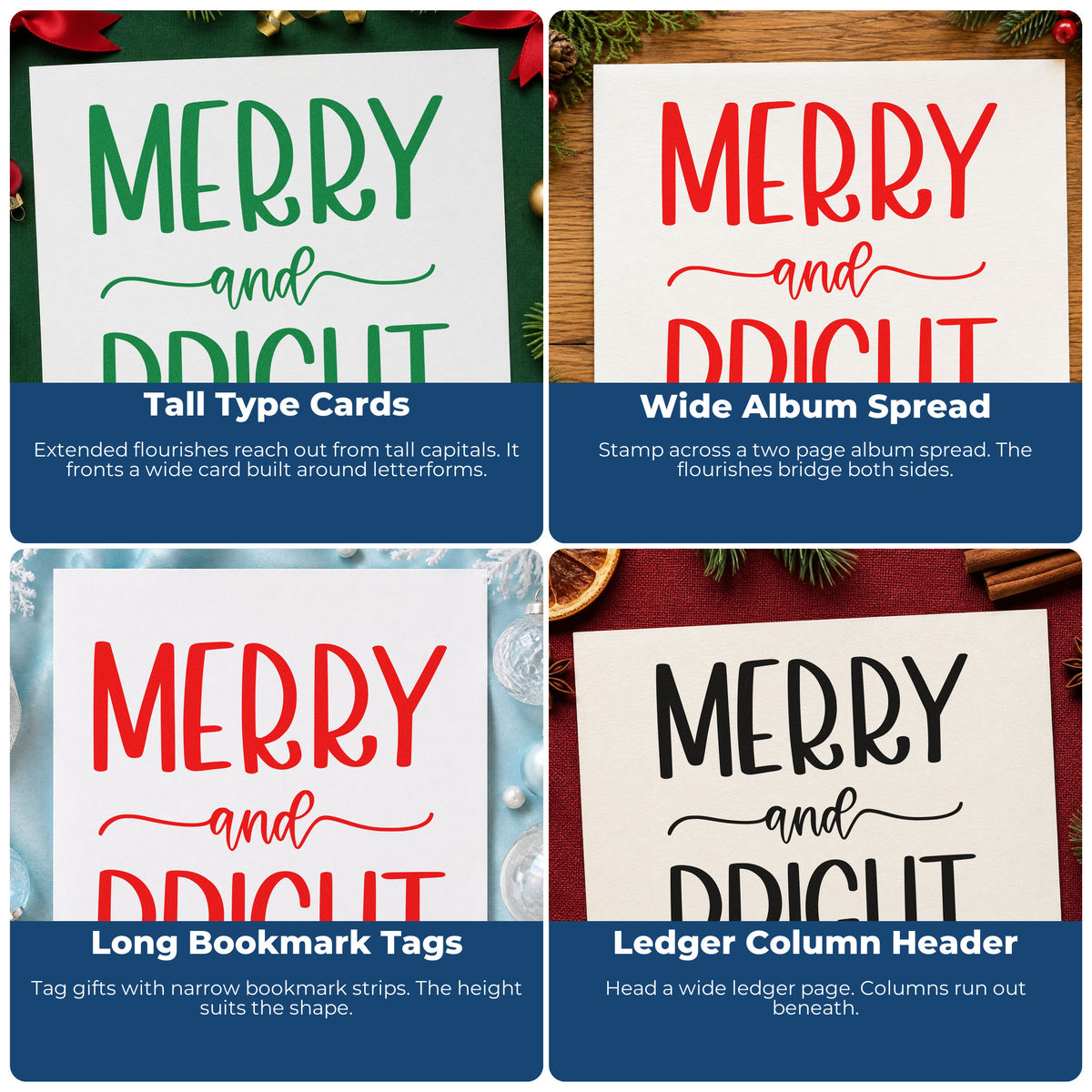 Four ways to use the Pre-Inked Merry And Bright Simple Frame Accent Stamp – PSI: tall type cards, wide album spread, long bookmark tags and ledger column header.