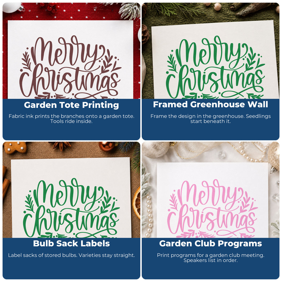 Festive Christmas rubber stamps for envelopes, cookie exchange labels, scrapbooks, and DIY candles.
