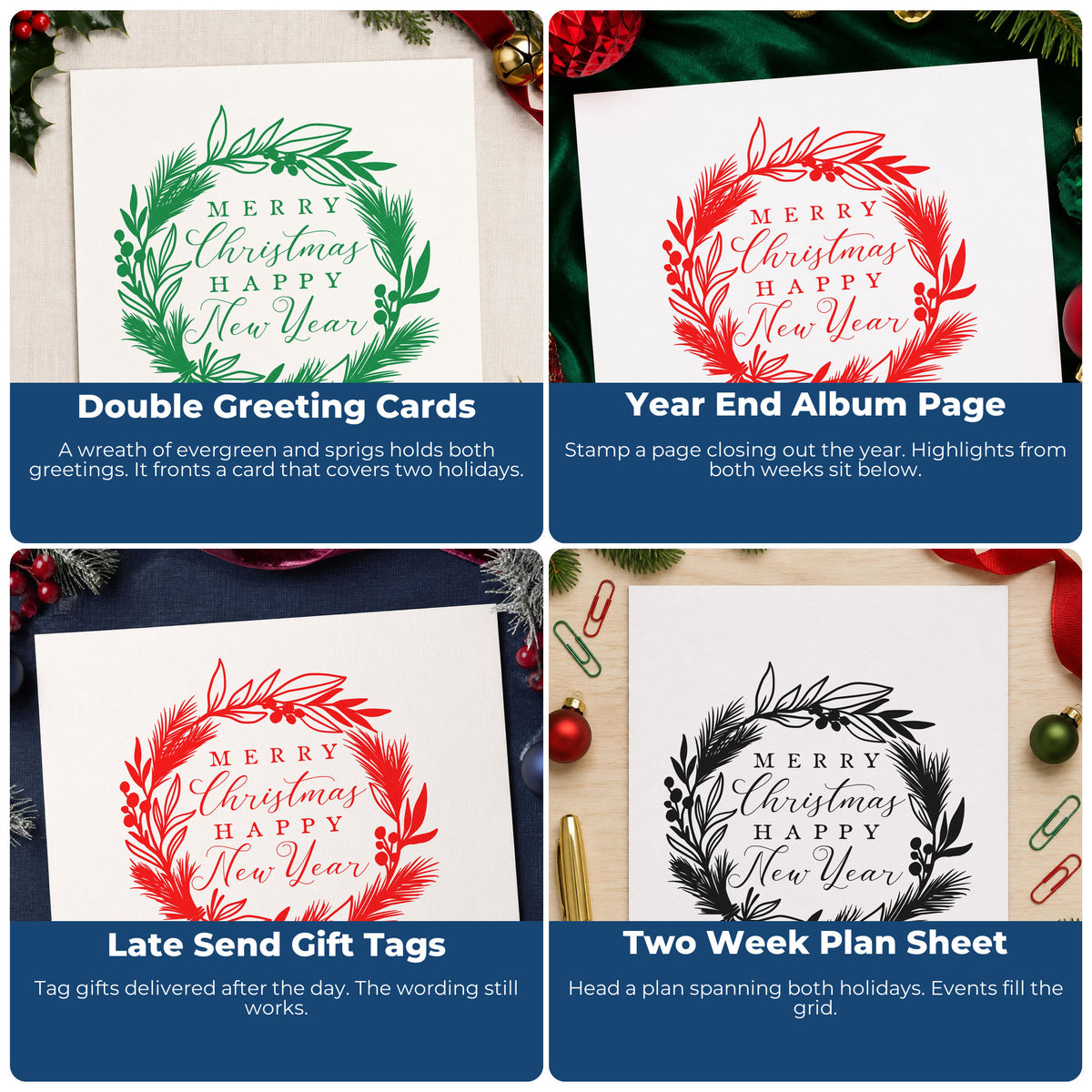 Four ways to use the Botanical Wreath Holiday New Year Lettering Slim Pre-Inked Stamp: double greeting cards, year end album page, late send gift tags and two week plan sheet.