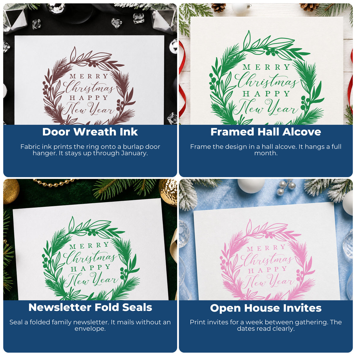 Four ways to use the Botanical Wreath Holiday New Year Lettering Slim Pre-Inked Stamp: door wreath ink, framed hall alcove, newsletter fold seals and open house invites.