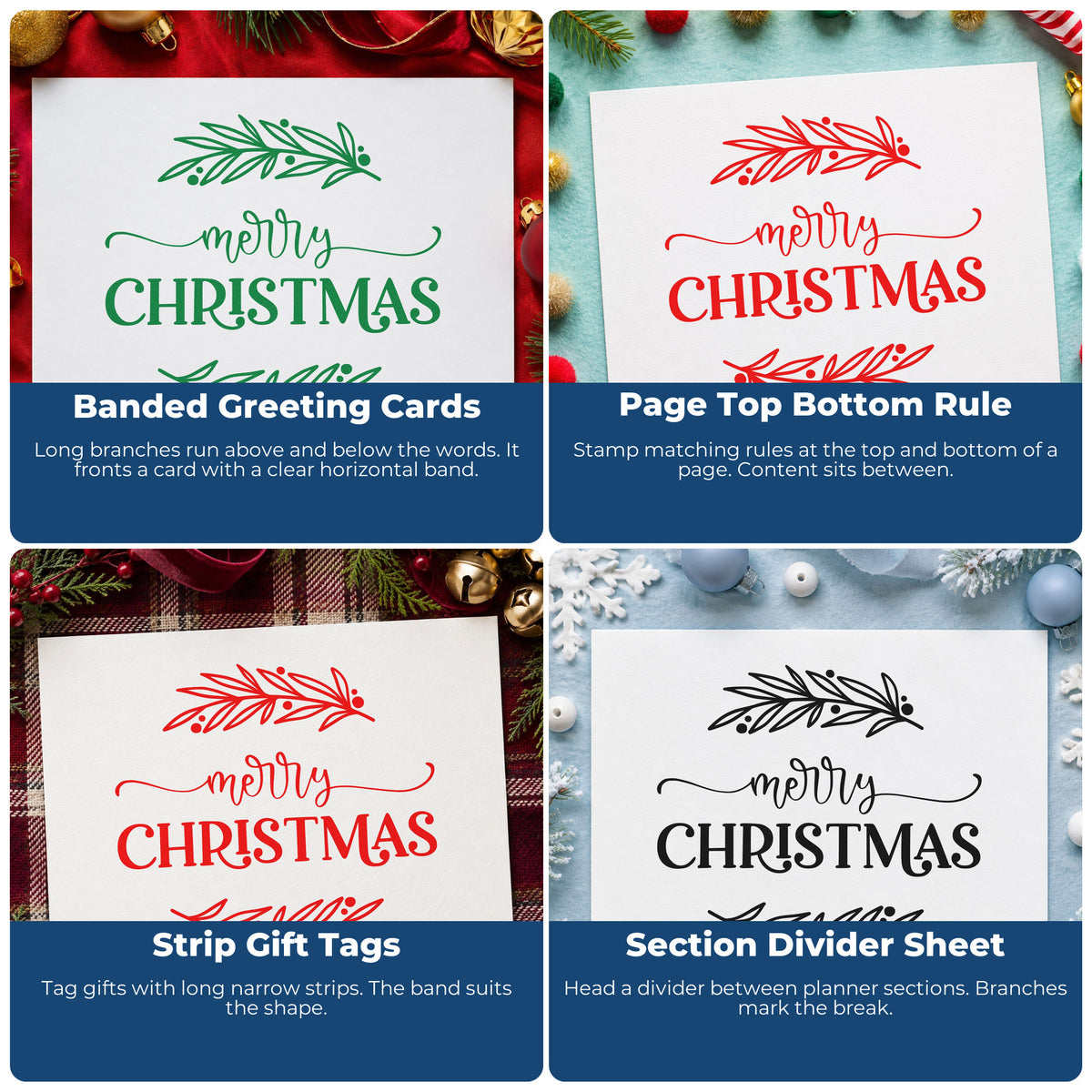 Four ways to use the Merry Christmas Between Branches Leaf Accents Rubber Stamp – Duo Hand: banded greeting cards, page top bottom rule, strip gift tags and section divider sheet.