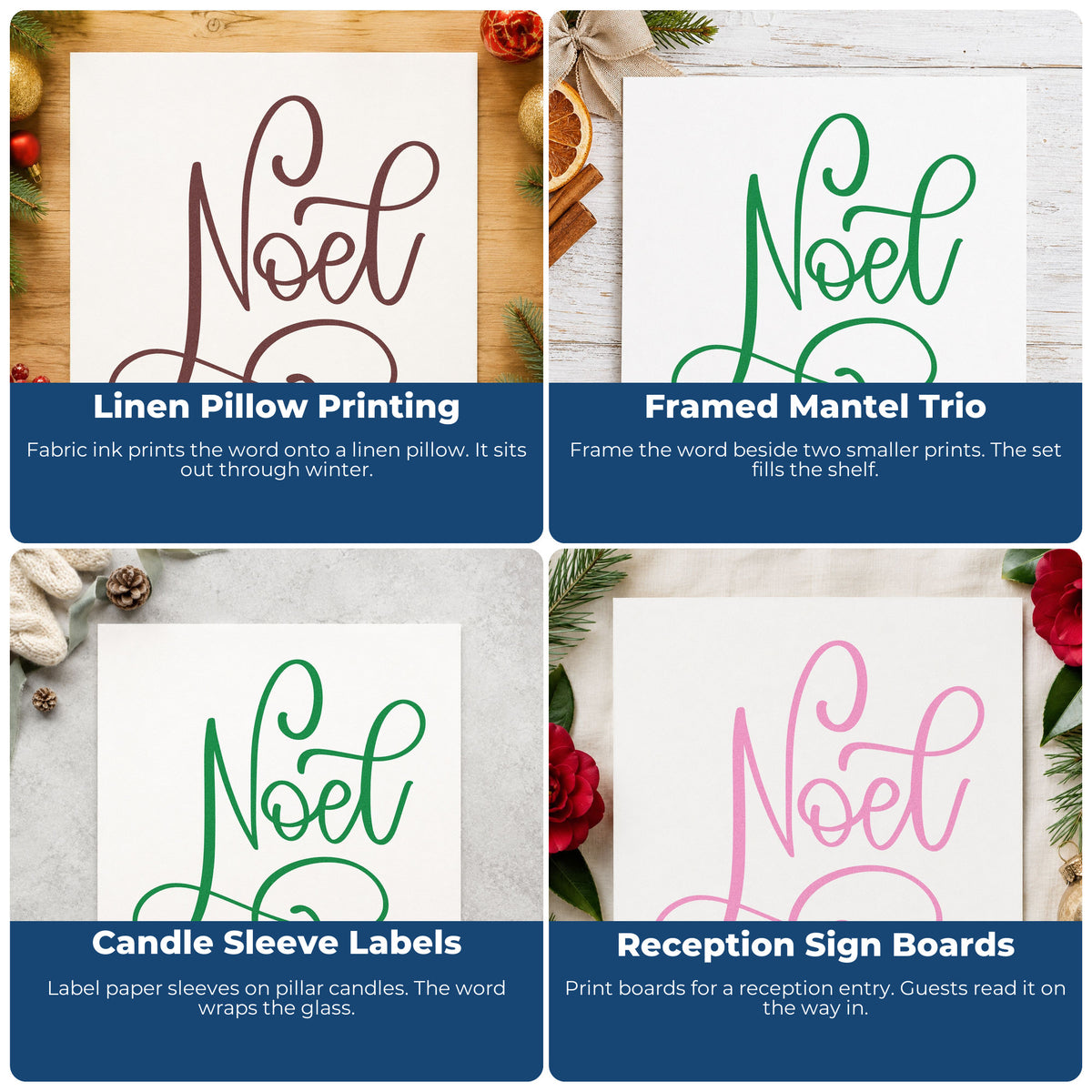 Holiday rubber stamp collage with Christmas designs for envelopes, cookie labels, scrapbooks, and DIY candle wrapping.