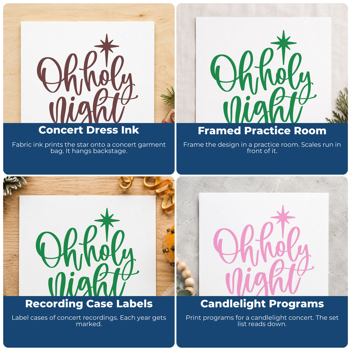 Four ways to use the Oh Holy Night Rubber Stamp – Wood Handle: concert dress ink, framed practice room, recording case labels and candlelight programs.