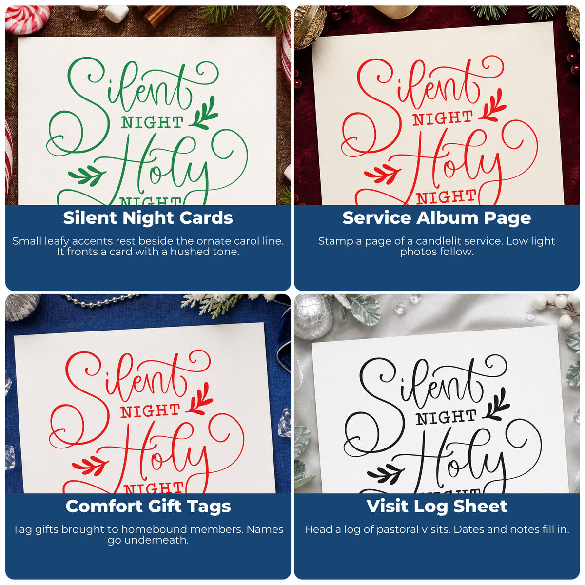 Holiday rubber stamps used for Christmas wrapping paper, greeting cards, advent calendars, and ornament designs.
