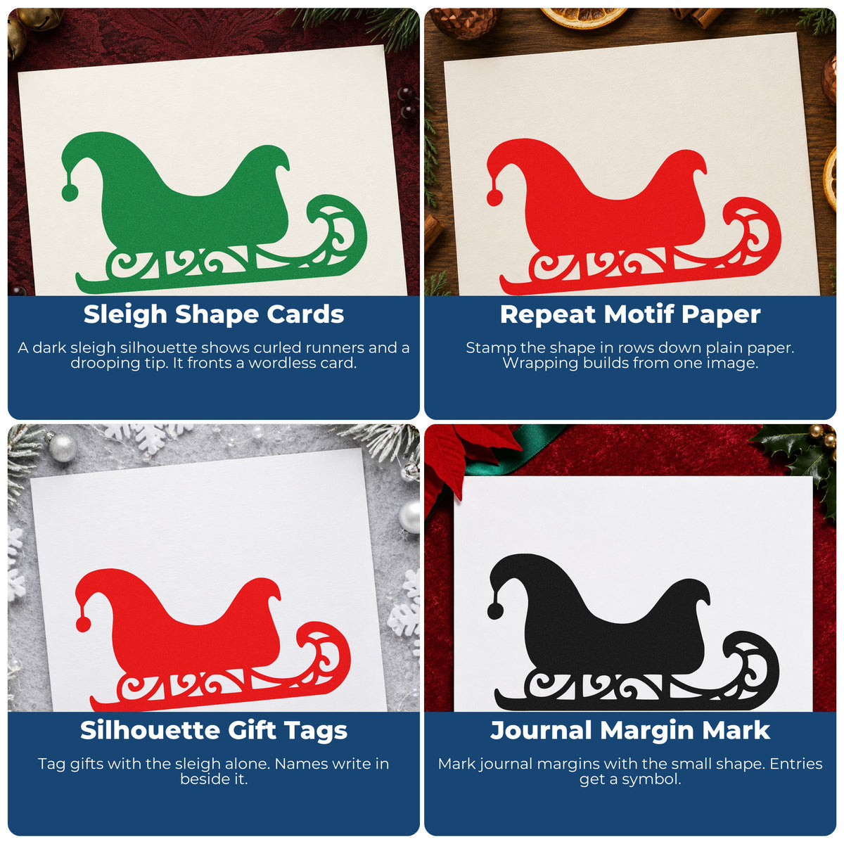 Four ways to use the Decorative Santa Sleigh Pre-Inked Stamp – PSI: sleigh shape cards, repeat motif paper, silhouette gift tags and journal margin mark.