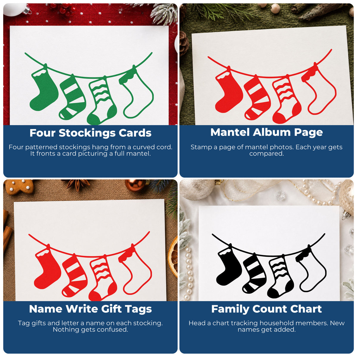 Four ways to use the Wood Handle Four Patterned Christmas Stockings Rubber Stamp: four stockings cards, mantel album page, name write gift tags and family count chart.