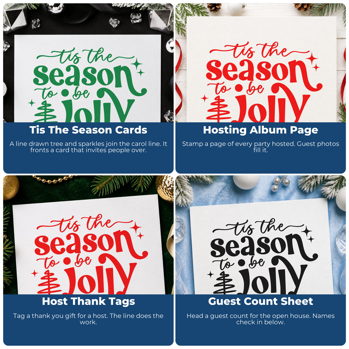Four ways to use the Tis Season To Be Jolly Tree Self-Inking Stamp: tis the season cards, hosting album page, host thank tags and guest count sheet.