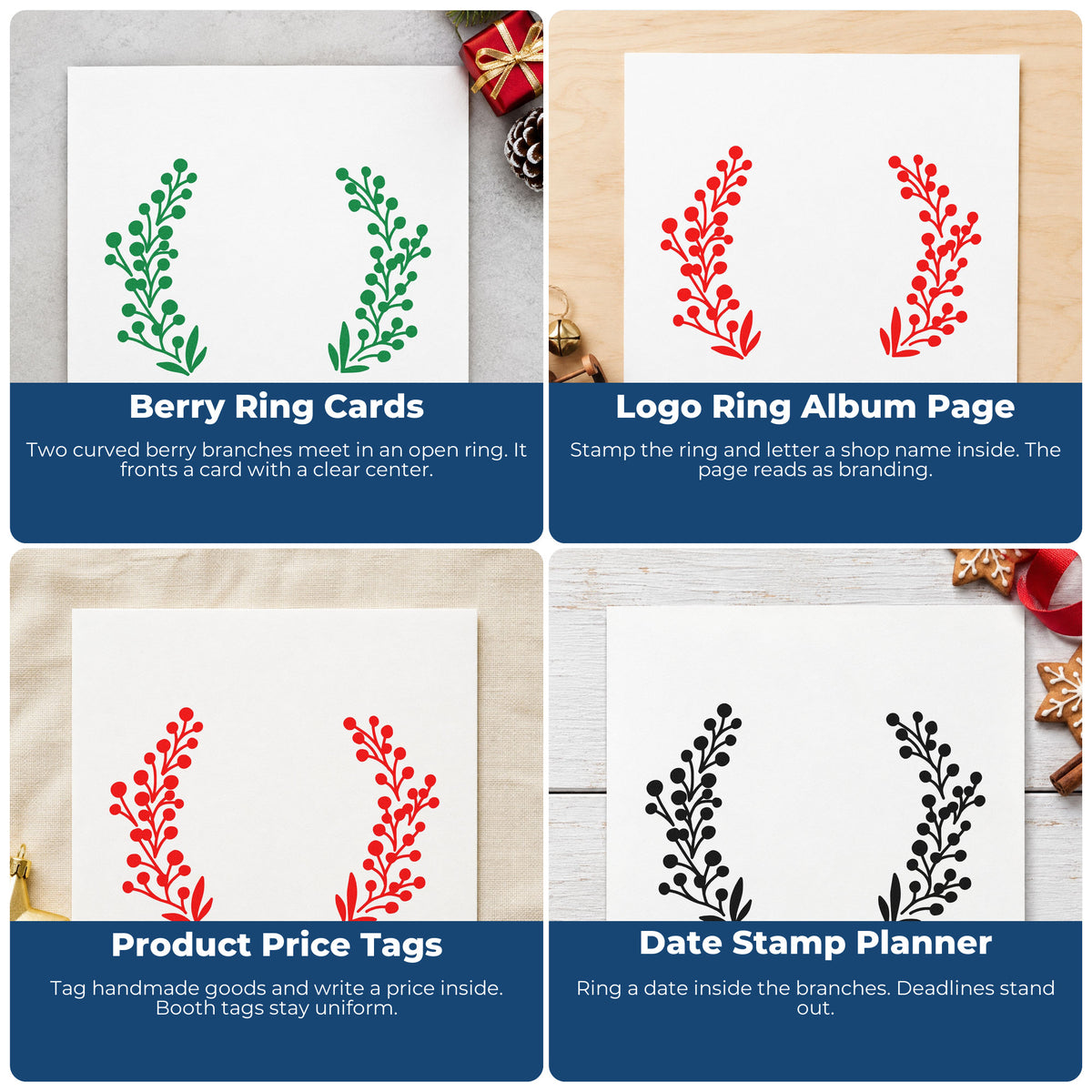 Four ways to use the Premium Wooden Open Berry Branch Wreath Stamp - Vintage Pro: berry ring cards, logo ring album page, product price tags and date stamp planner.