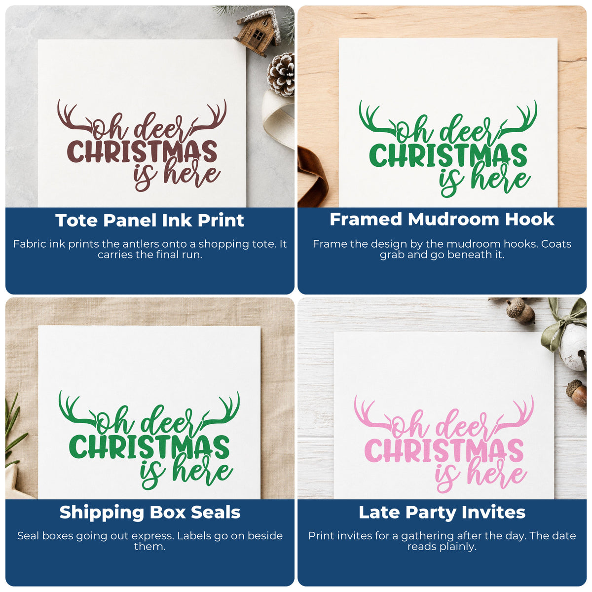 Four ways to use the Oh Deer Christmas Is Here Self-Inking Craft Stamp: tote panel ink print, framed mudroom hook, shipping box seals and late party invites.