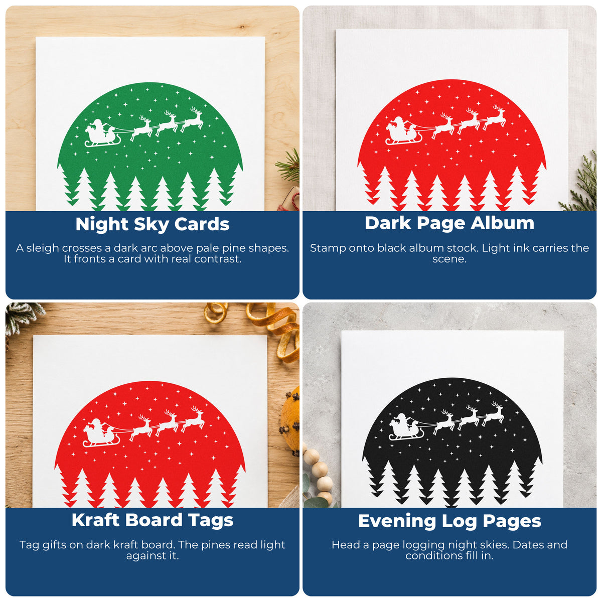 Four ways to use the Santa Sleigh Snowy Forest Circle With Cross PSI Pre-Inked Stamp: night sky cards, dark page album, kraft board tags and evening log pages.