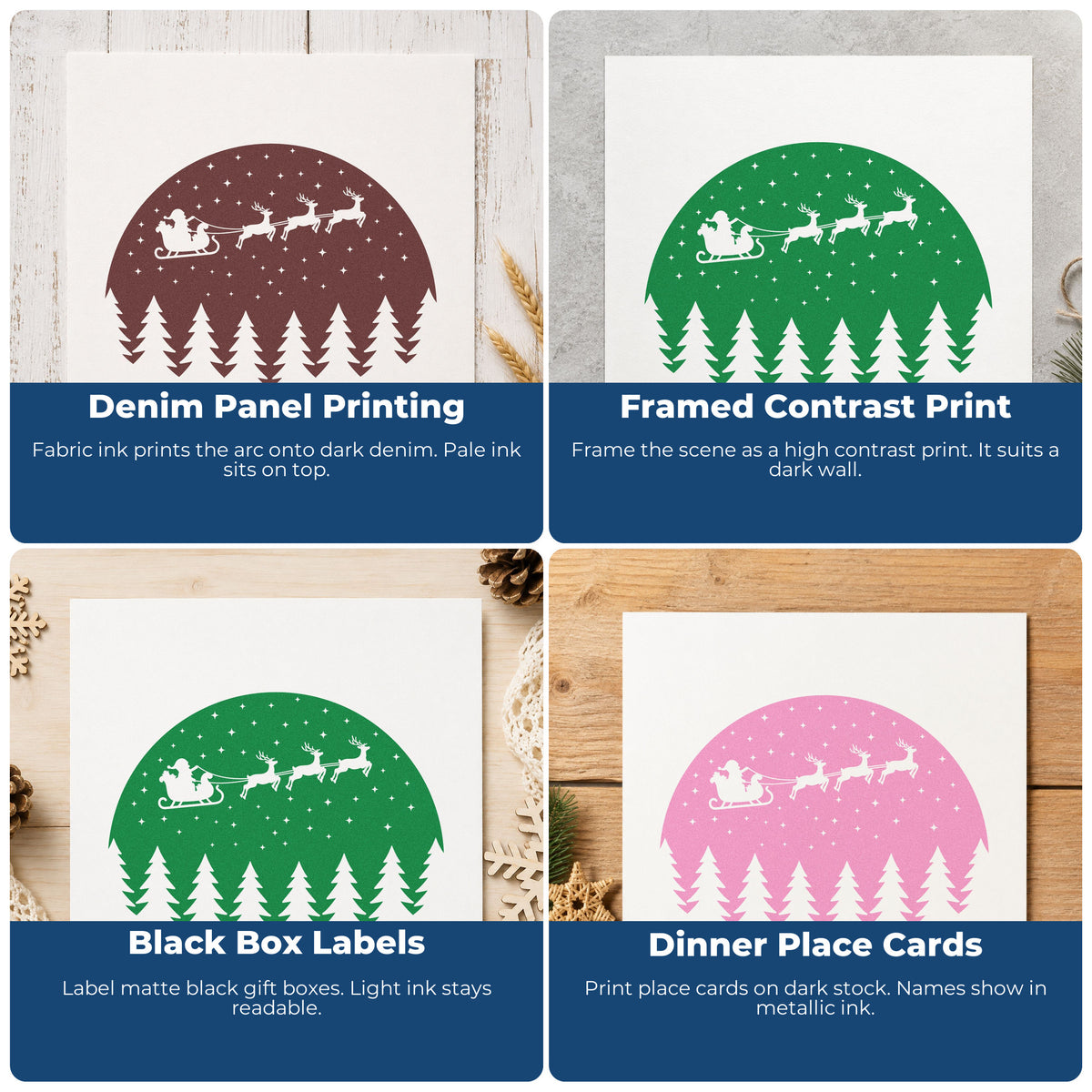Four ways to use the Santa Sleigh Snowy Forest Circle With Cross Pre-Inked Stamp – Slim: denim panel printing, framed contrast print, black box labels and dinner place cards.