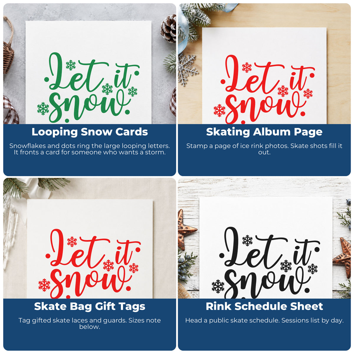 Four ways to use the Self-Inking Let It Snow Snowflakes Stamp: looping snow cards, skating album page, skate bag gift tags and rink schedule sheet.
