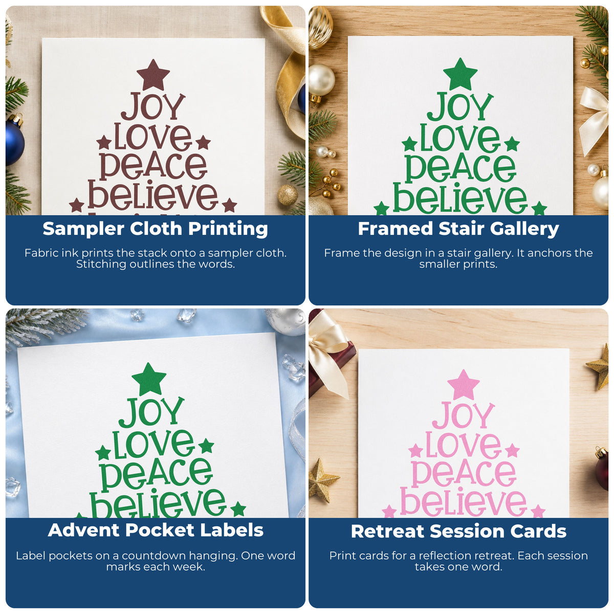 Four ways to use the Joy Love Peace Christmas Tree PSI Pre-Inked Stamp: sampler cloth printing, framed stair gallery, advent pocket labels and retreat session cards.