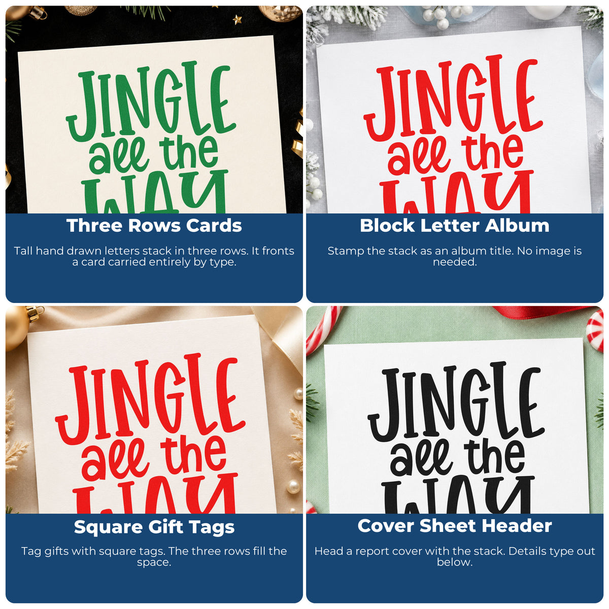 Holiday rubber stamp ideas for gift wrap, Christmas cards, advent calendars, and ornaments with festive sayings.