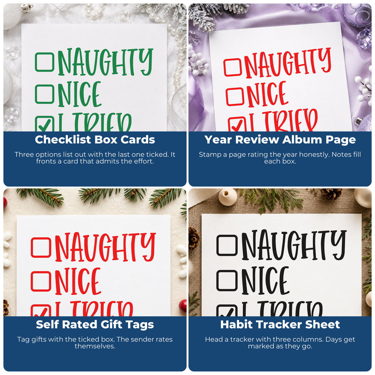 Four ways to use the Naughty Nice I Tried PSI Pre-Inked Stamp: checklist box cards, year review album page, self rated gift tags and habit tracker sheet.