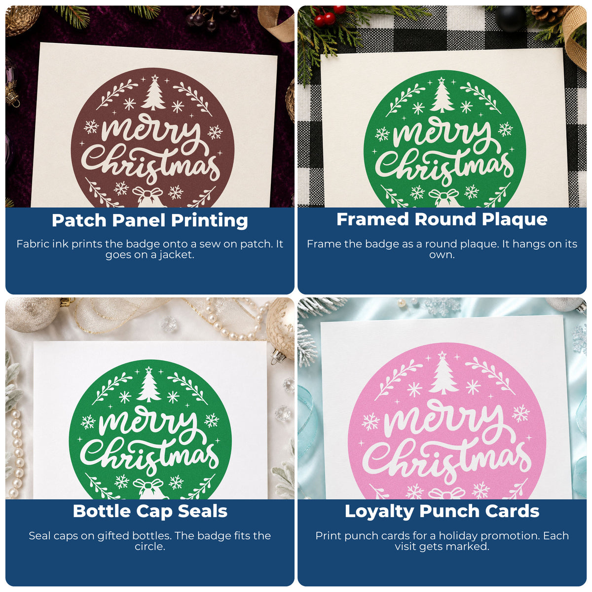 Four ways to use the Merry Christmas Round Botanical Badge Stamp – PSI Pre-Inked: patch panel printing, framed round plaque, bottle cap seals and loyalty punch cards.