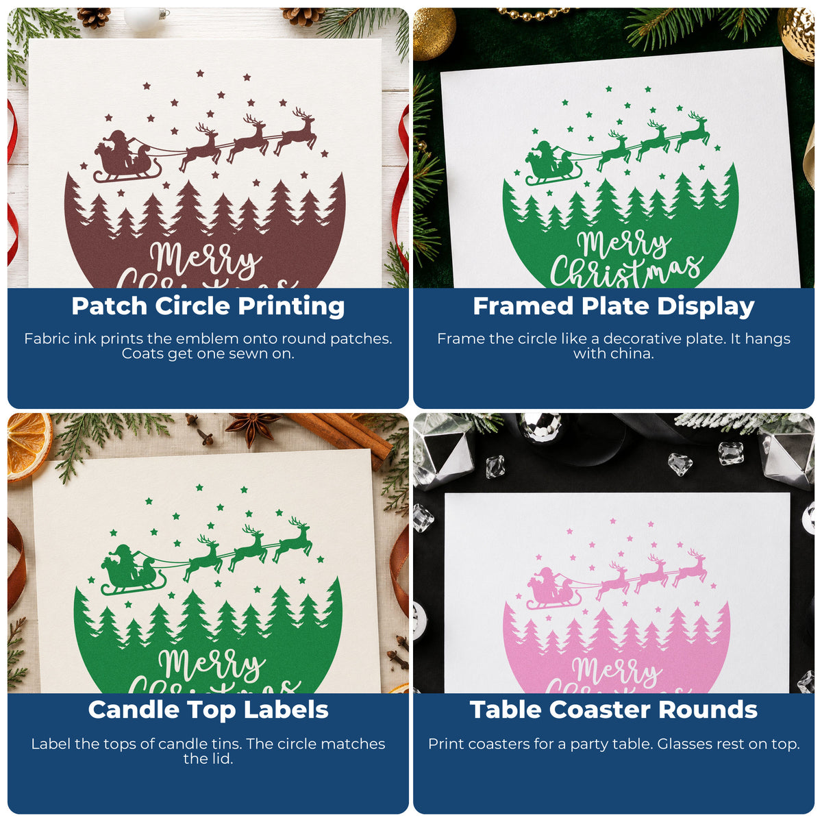 Four ways to use the Merry Christmas Sleigh Forest Circle Pre-Inked Stamp – PSI: patch circle printing, framed plate display, candle top labels and table coaster rounds.